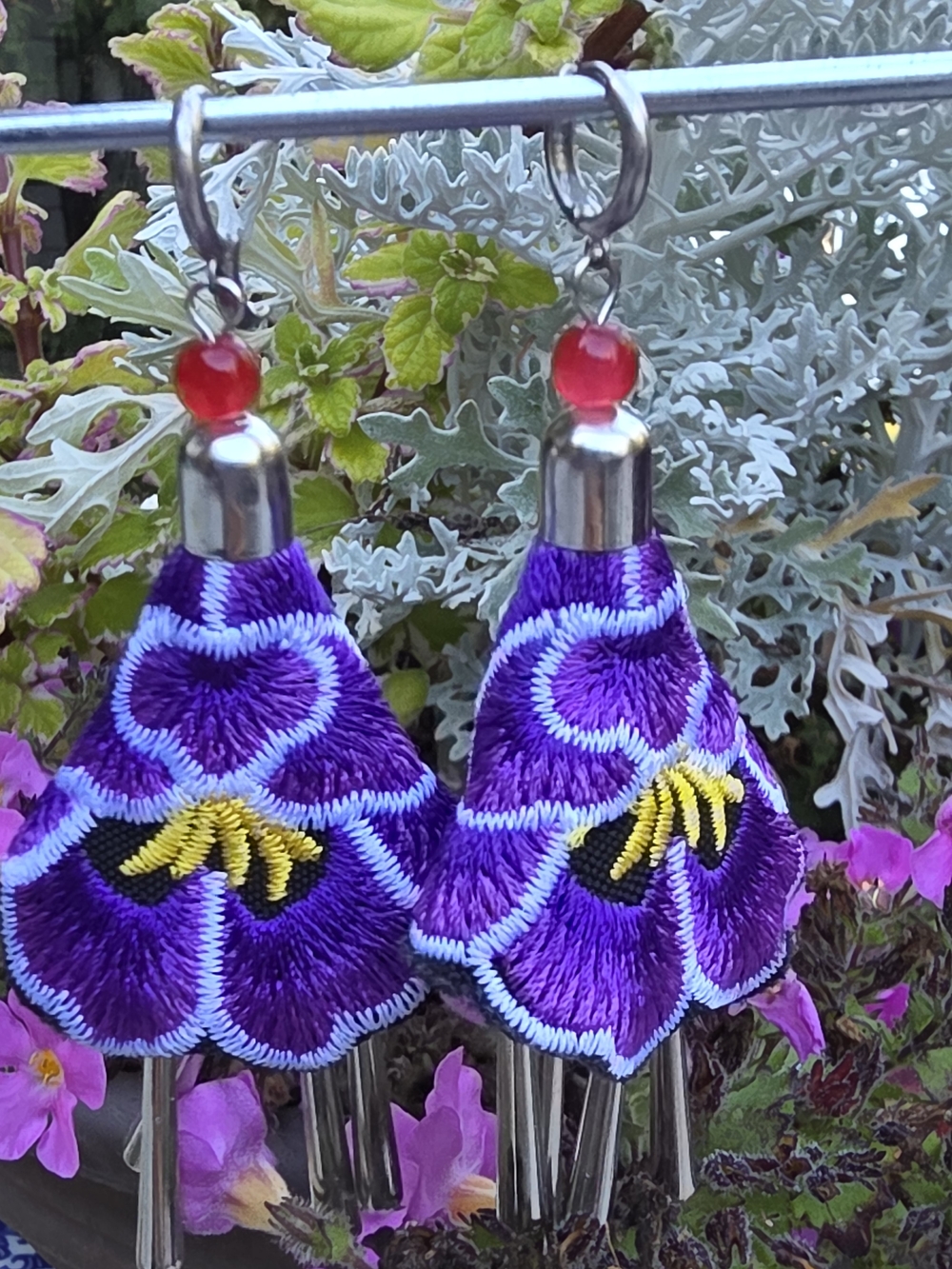 Handcrafted Purple Floral Tassel Earrings with Red Bead Accent